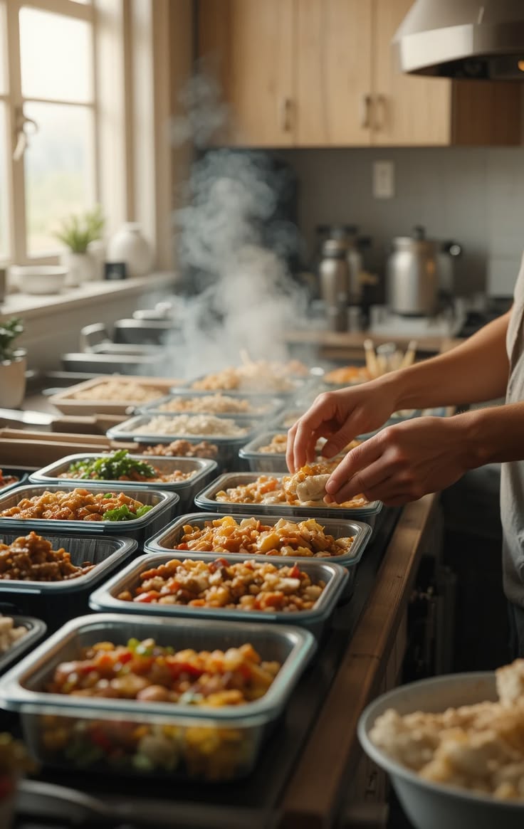 Marmitas prontas alinhadas na bancada da cozinha